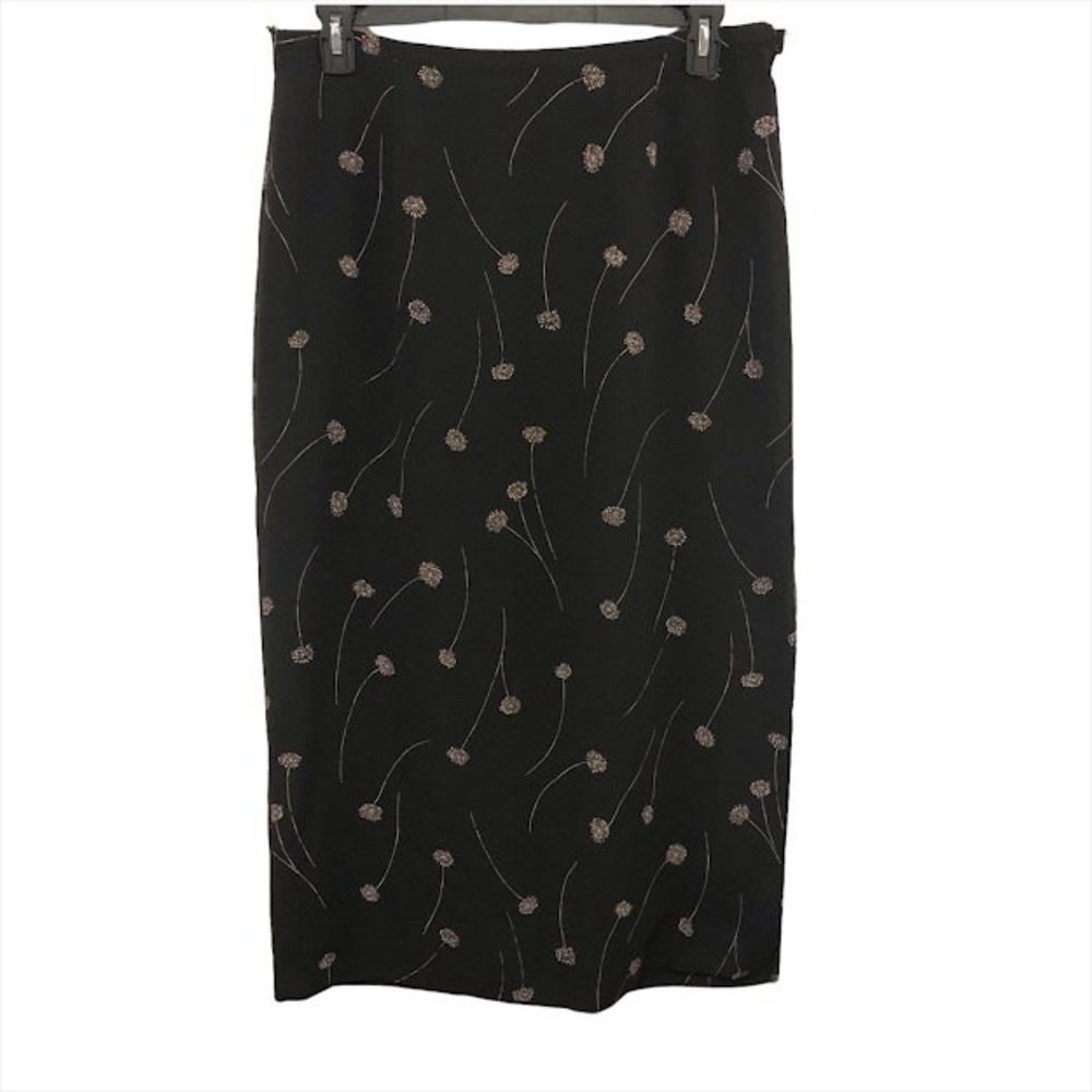 VTG Hillard & Hanson Black Floral Midi Skirt L Dandelion Side Slit Elastic Back
